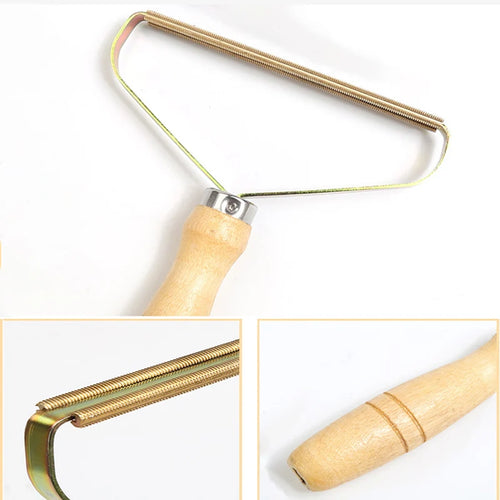 Brosse anti-poils pour chien et chat : manche en bois et lame métallique, vue d'ensemble et détails