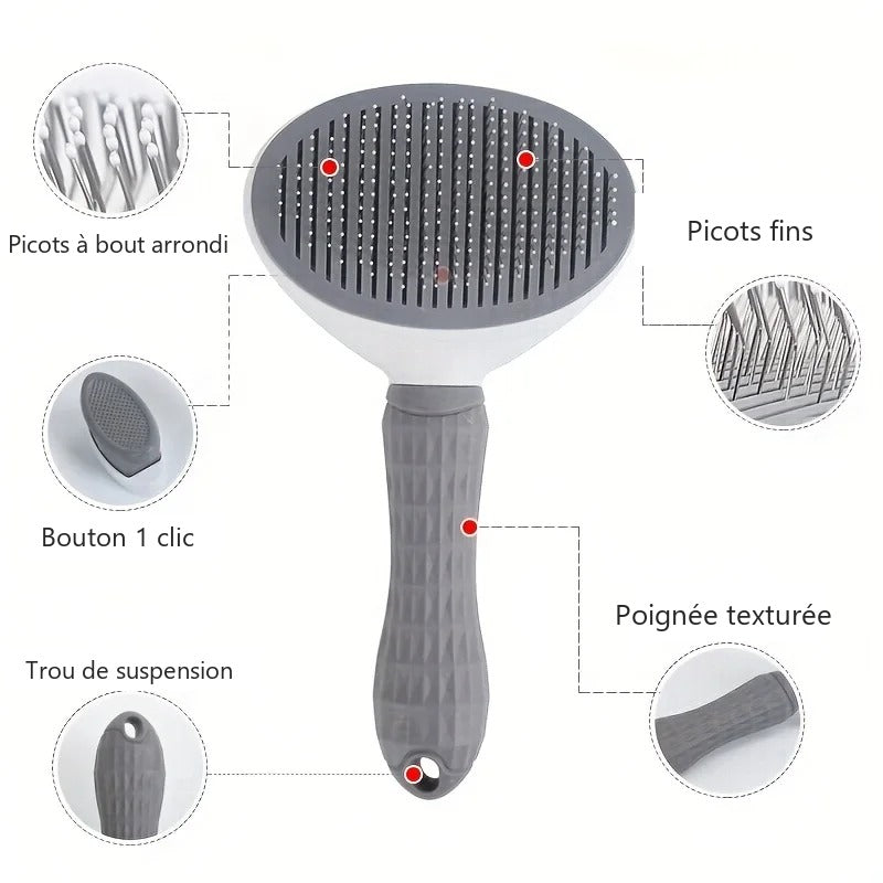 Détails de la brosse autonettoyante : picots, bouton de nettoyage et poignée