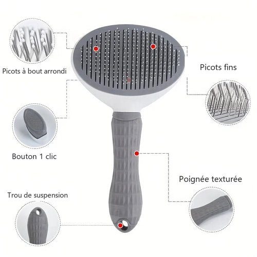 Détails de la brosse autonettoyante : picots, bouton de nettoyage et poignée