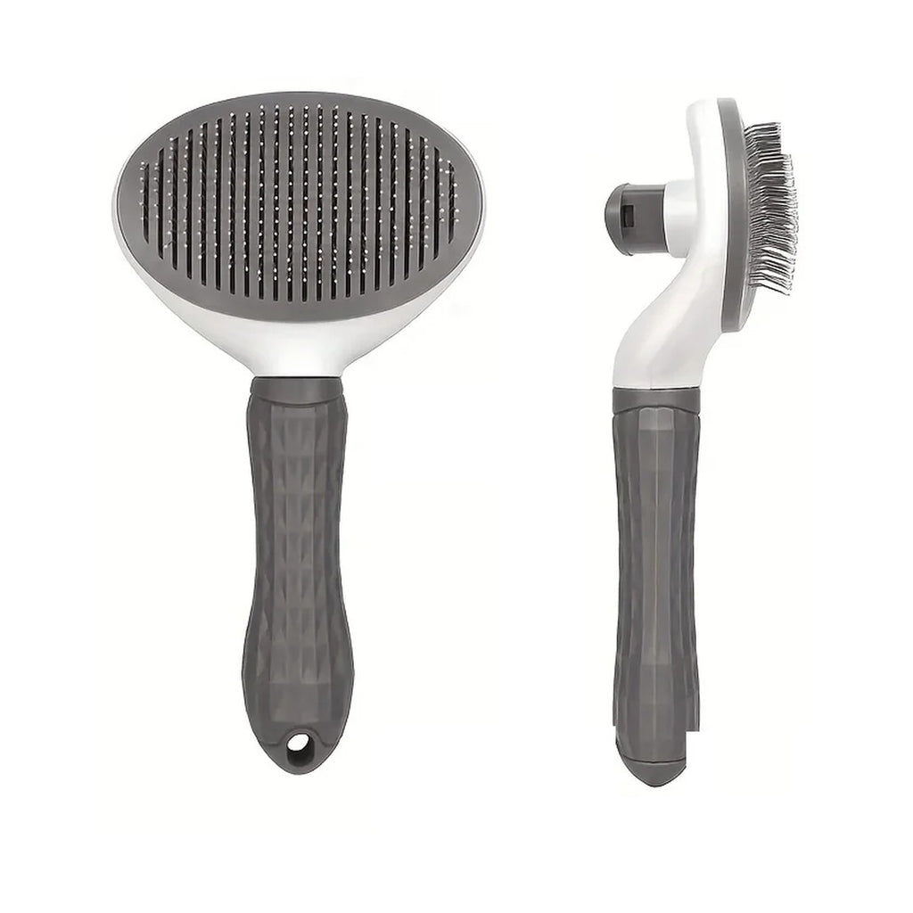 Brosse autonettoyante pour chien et chat vue de face et de profil, avec bouton de nettoyage