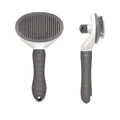 Brosse autonettoyante pour chien et chat vue de face et de profil, avec bouton de nettoyage
