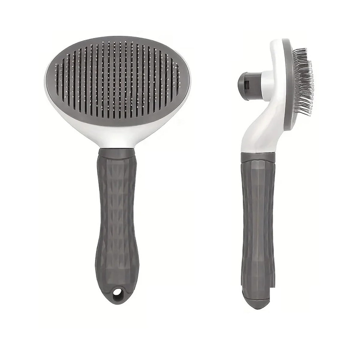 Brosse autonettoyante pour chien et chat vue de face et de profil, avec bouton de nettoyage