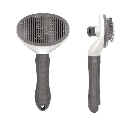 Brosse autonettoyante pour chien et chat vue de face et de profil, avec bouton de nettoyage