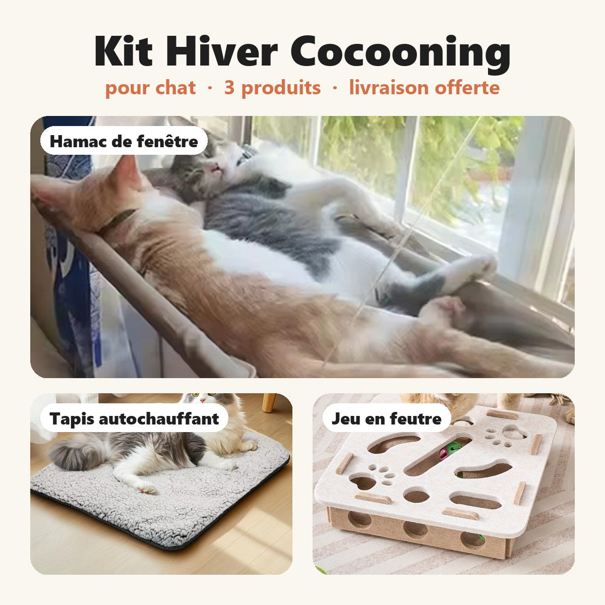 Kit Hiver Cocooning pour chat – hamac de fenêtre, tapis autochauffant et jeu en feutre